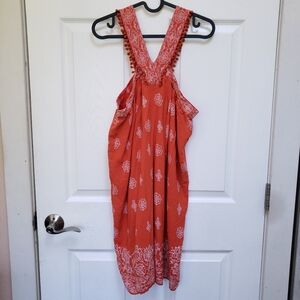 LOFT Orange White Ole Pom Pom Trim Sleeveless Swing Shift Dress
